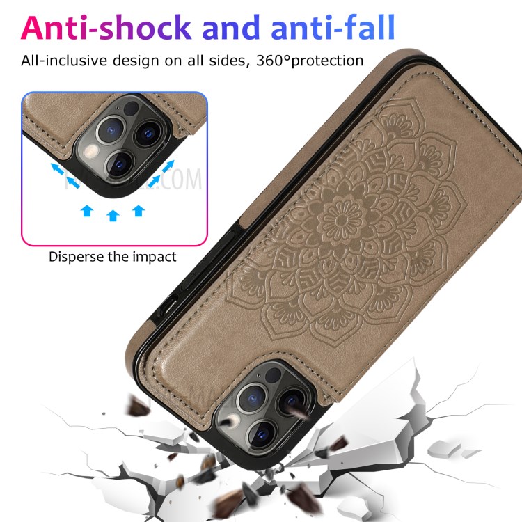 Imprint Mandala Flower Kickstand for iPhone 12 Pro Max PU Leather + TPU Hybrid Cell Phone Case - Grey-9