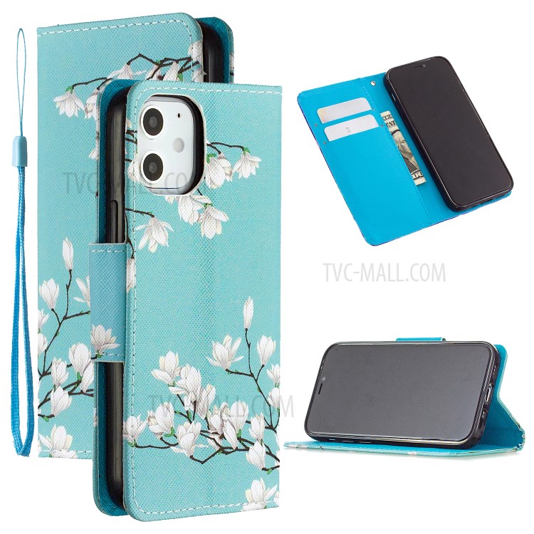 PU Leather Pattern Printing Wallet Phone Stand Cover Case with Strap for iPhone 12 mini - White Flower-1