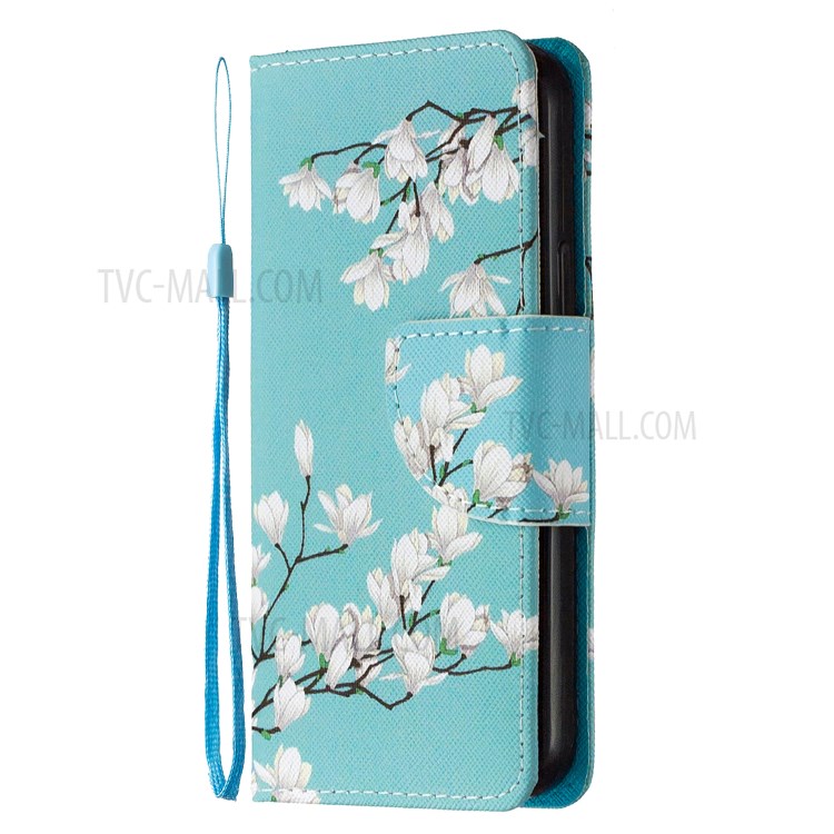 PU Leather Pattern Printing Wallet Phone Stand Cover Case with Strap for iPhone 12 mini - White Flower-2