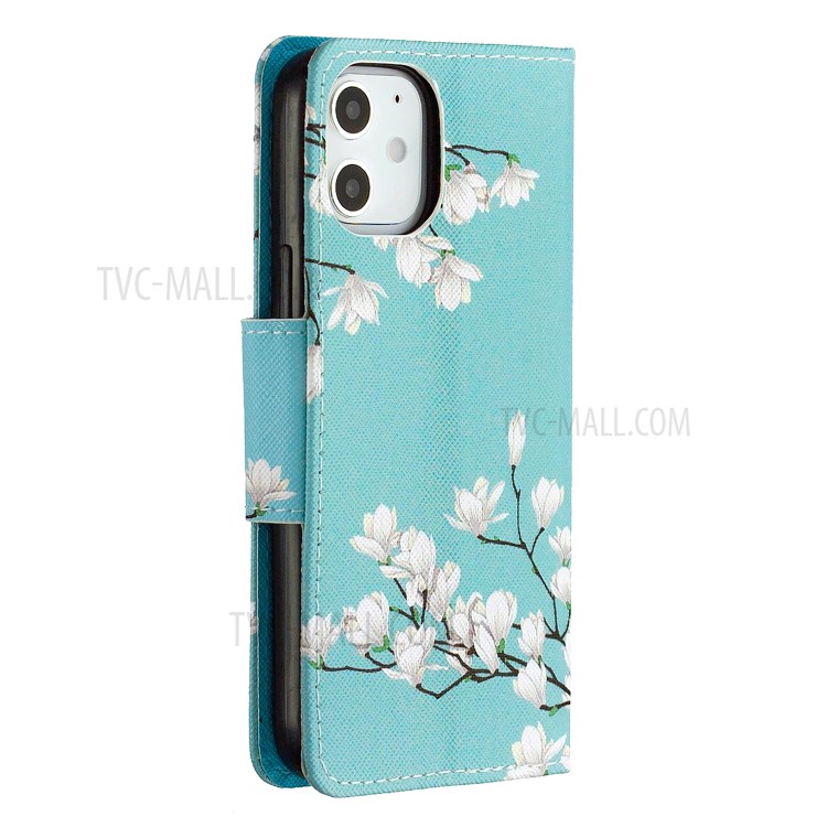 PU Leather Pattern Printing Wallet Phone Stand Cover Case with Strap for iPhone 12 mini - White Flower-3