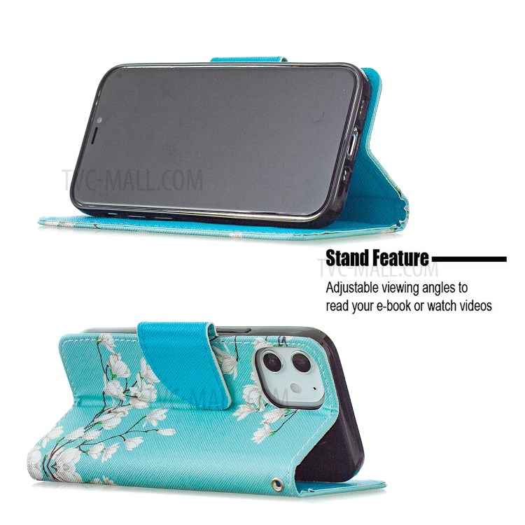 PU Leather Pattern Printing Wallet Phone Stand Cover Case with Strap for iPhone 12 mini - White Flower-6