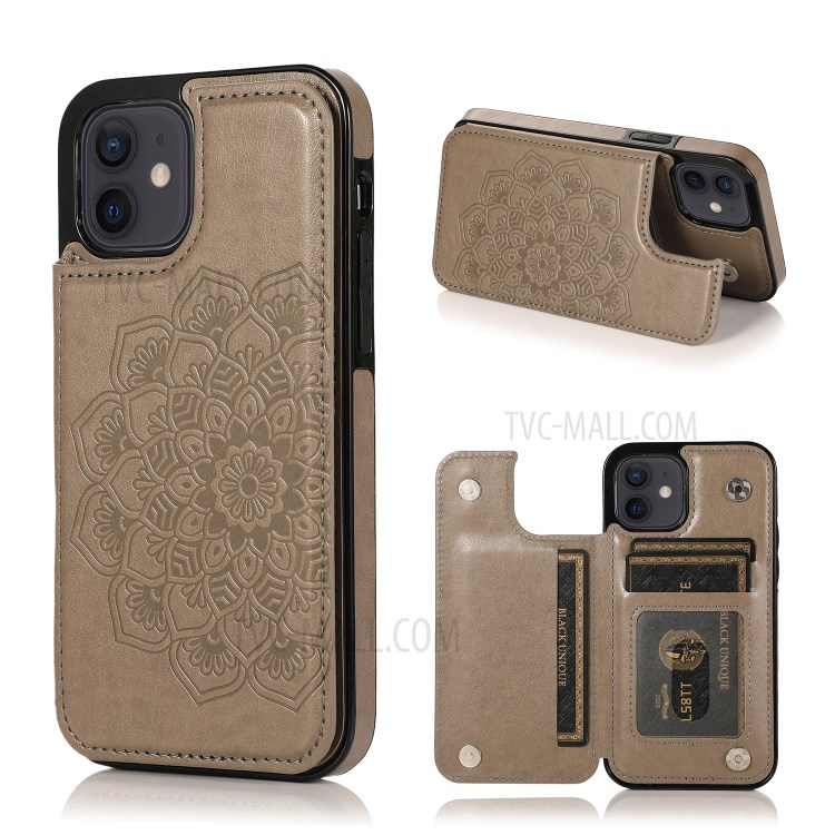 Imprint Mandala Flower Kickstand for iPhone 12 mini PU Leather + TPU Hybrid Case - Grey-1