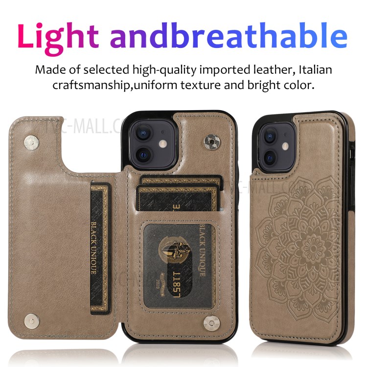 Imprint Mandala Flower Kickstand for iPhone 12 mini PU Leather + TPU Hybrid Case - Grey-10