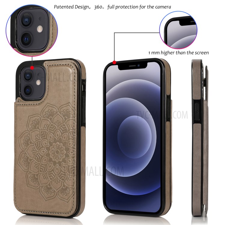 Imprint Mandala Flower Kickstand for iPhone 12 mini PU Leather + TPU Hybrid Case - Grey-12