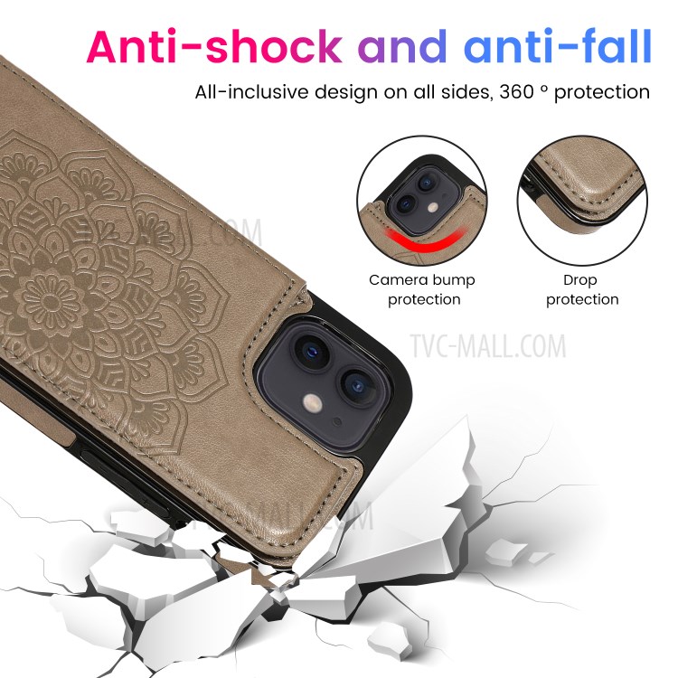 Imprint Mandala Flower Kickstand for iPhone 12 mini PU Leather + TPU Hybrid Case - Grey-13