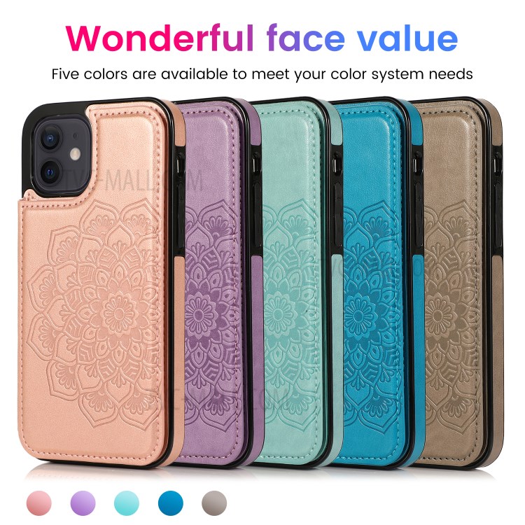Imprint Mandala Flower Kickstand for iPhone 12 mini PU Leather + TPU Hybrid Case - Grey-14