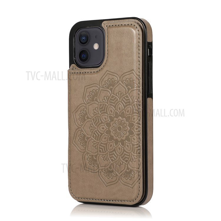 Imprint Mandala Flower Kickstand for iPhone 12 mini PU Leather + TPU Hybrid Case - Grey-2