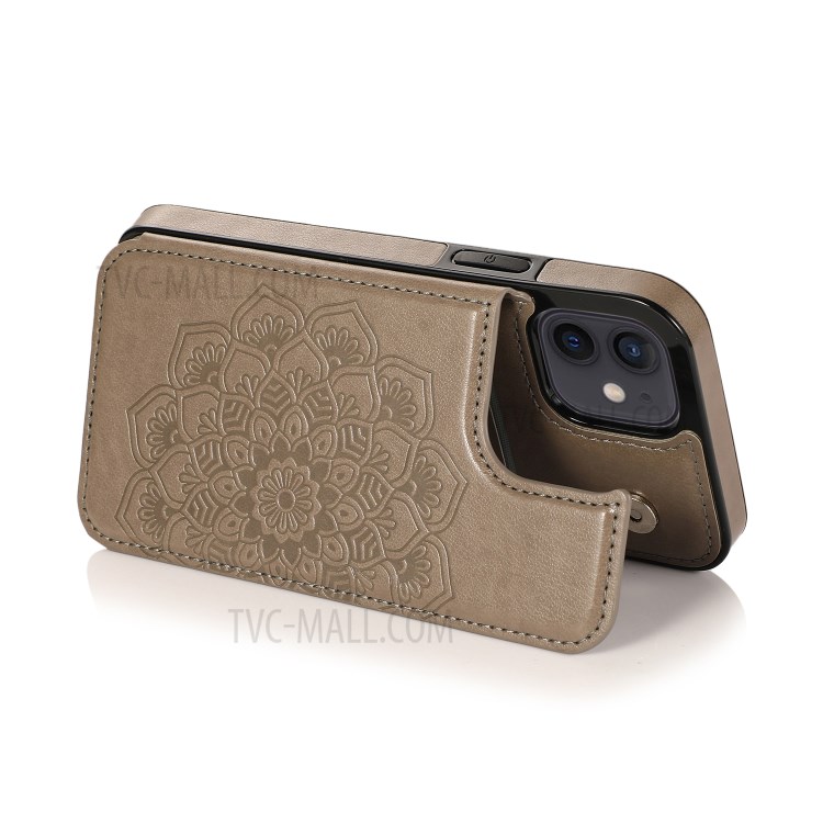 Imprint Mandala Flower Kickstand for iPhone 12 mini PU Leather + TPU Hybrid Case - Grey-4