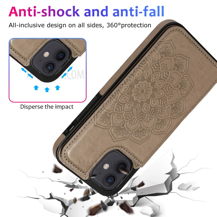 Imprint Mandala Flower Kickstand for iPhone 12 mini PU Leather + TPU Hybrid Case - Grey-9