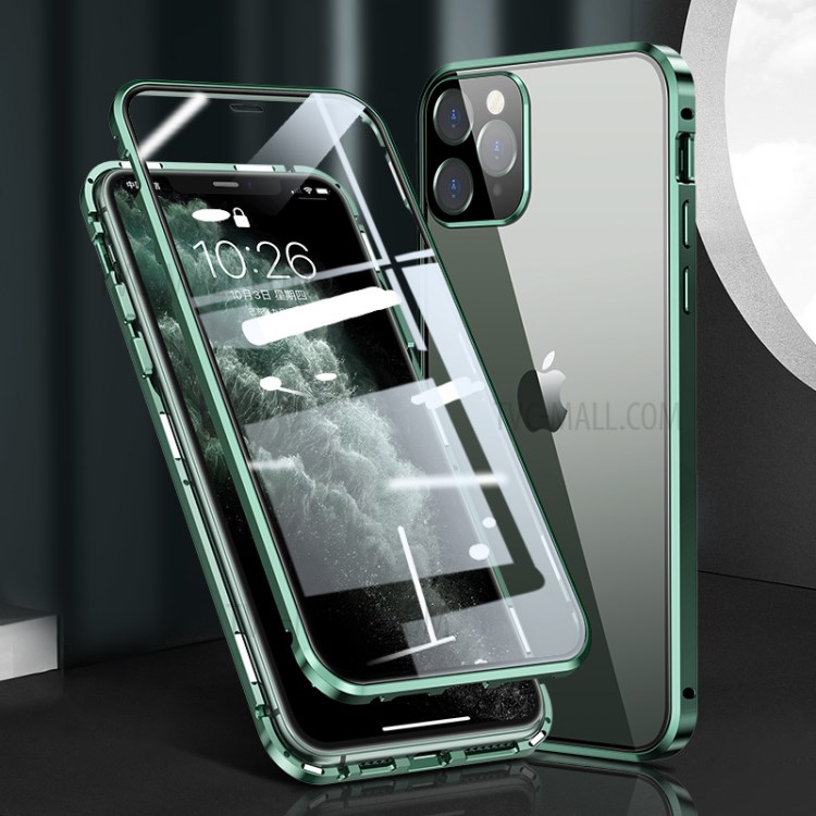 Magnetic Installation Metal Frame + Dual-sided Tempered Glass Full Covering Case + Camera Lens Protector for iPhone 12 Pro Max - Green-1