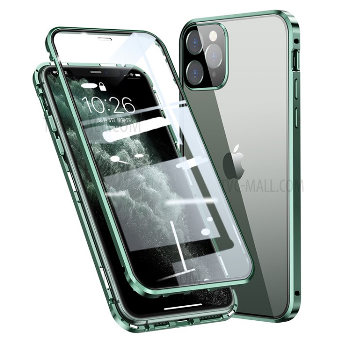 Magnetic Installation Metal Frame + Dual-sided Tempered Glass Full Covering Case + Camera Lens Protector for iPhone 12 Pro Max - Green-2