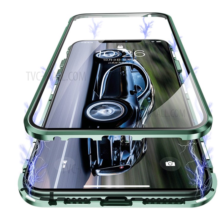 Magnetic Installation Metal Frame + Dual-sided Tempered Glass Full Covering Case + Camera Lens Protector for iPhone 12 Pro Max - Green-3