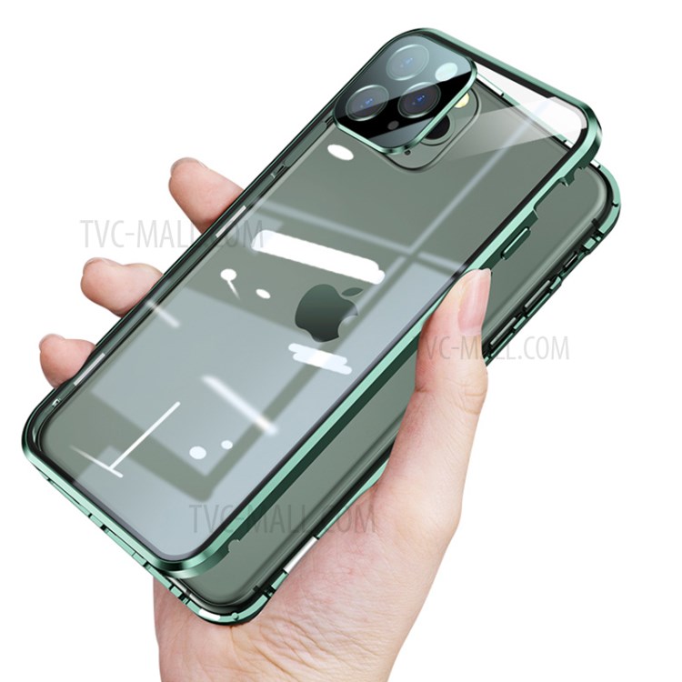 Magnetic Installation Metal Frame + Dual-sided Tempered Glass Full Covering Case + Camera Lens Protector for iPhone 12 Pro Max - Green-7