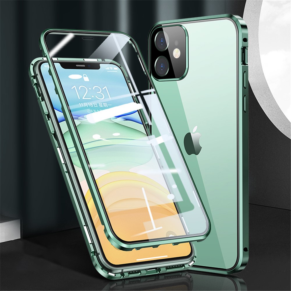 Magnetic Installation Metal Frame + Dual-sided Tempered Glass Full Covering Case + Camera Lens Protector for iPhone 12 Mini - Green-1