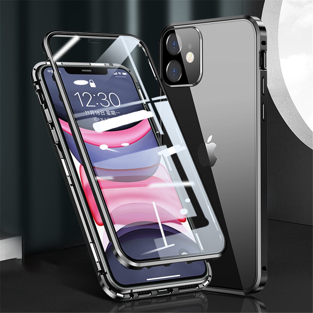 Magnetic Installation Metal Frame + Dual-sided Tempered Glass Full Covering Case + Camera Lens Protector for iPhone 12 mini 5.4 inch - Black