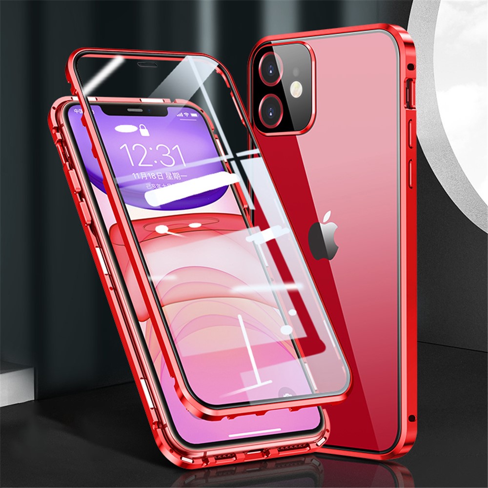 Magnetic Installation Metal Frame + Dual-sided Tempered Glass Full Covering Case + Camera Lens Protector for iPhone 12 mini 5.4 inch - Red
