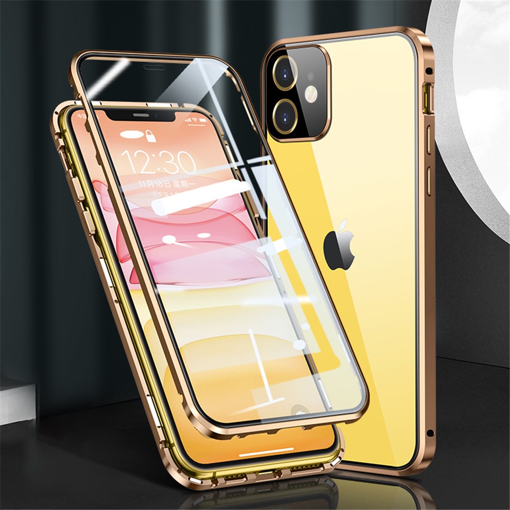 Magnetic Installation Metal Frame + Dual-sided Tempered Glass Full Covering Case + Camera Lens Protector for iPhone 12 mini 5.4 inch - Gold