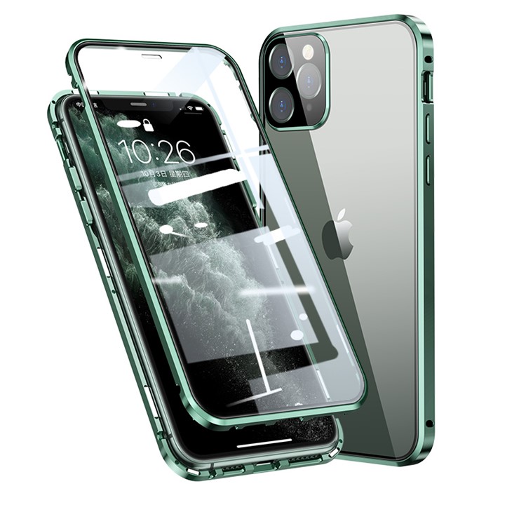 Magnetic Installation Metal Frame + Double-sided Tempered Glass Full Covering Shell for iPhone 12 Pro - Green-2