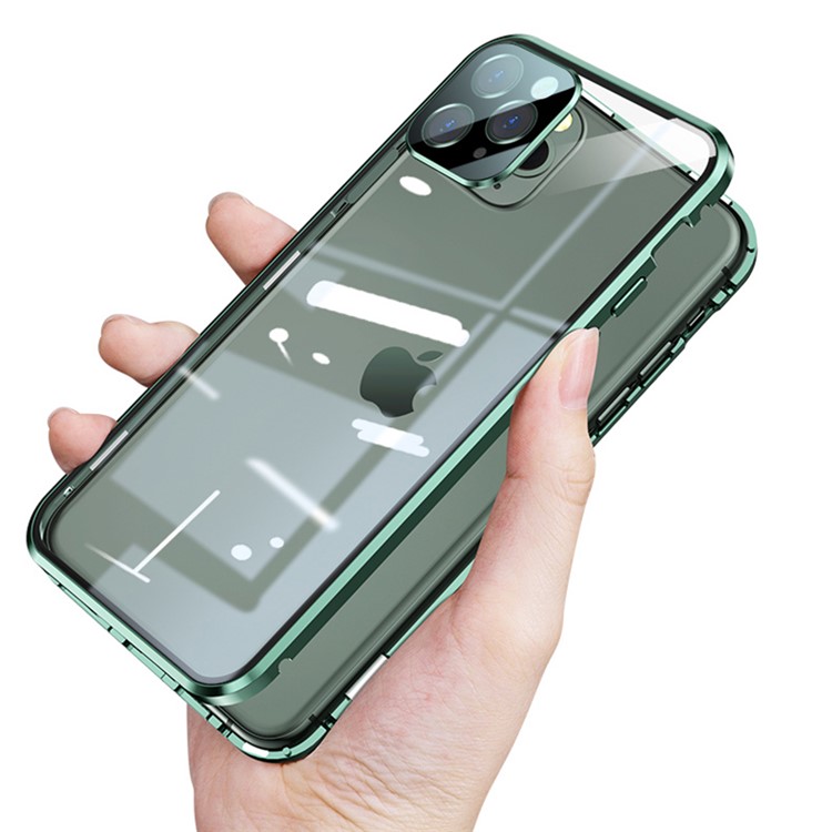 Magnetic Installation Metal Frame + Double-sided Tempered Glass Full Covering Shell for iPhone 12 Pro - Green-7