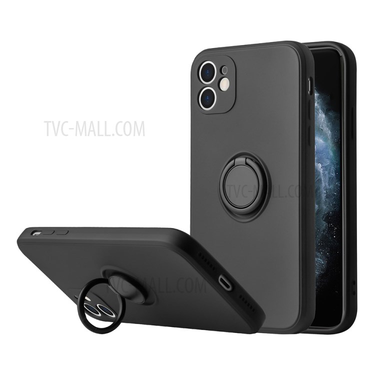 Silica Gel Feeling Ring Kickstand TPU Case for iPhone 12 Protective Shell - Black-1