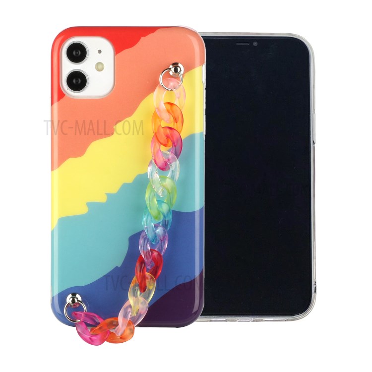 IMD Workmanship Shell for iPhone 12 Pro Max TPU Rainbow Case with Wrist Strap Chain - Twill Rainbow-1