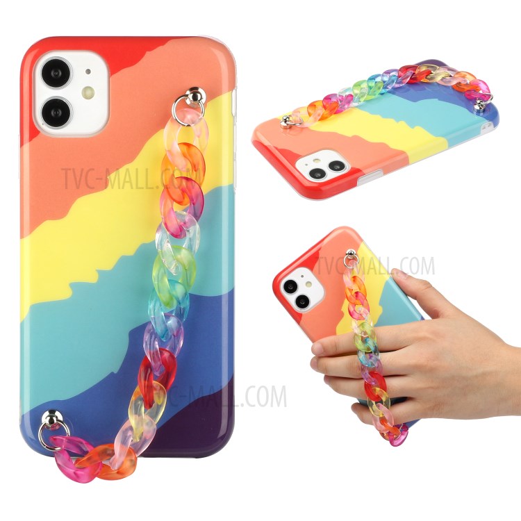 IMD Workmanship Shell for iPhone 12 Pro Max TPU Rainbow Case with Wrist Strap Chain - Twill Rainbow-2