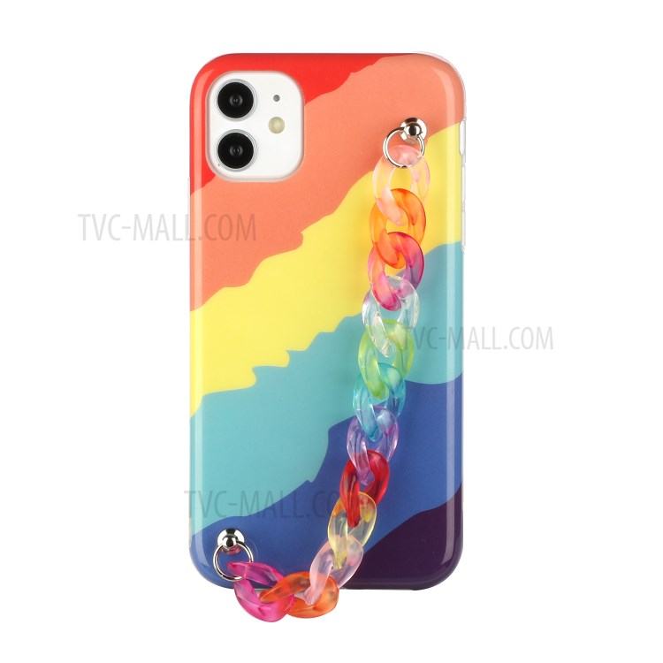 IMD Workmanship Shell for iPhone 12 Pro Max TPU Rainbow Case with Wrist Strap Chain - Twill Rainbow-4