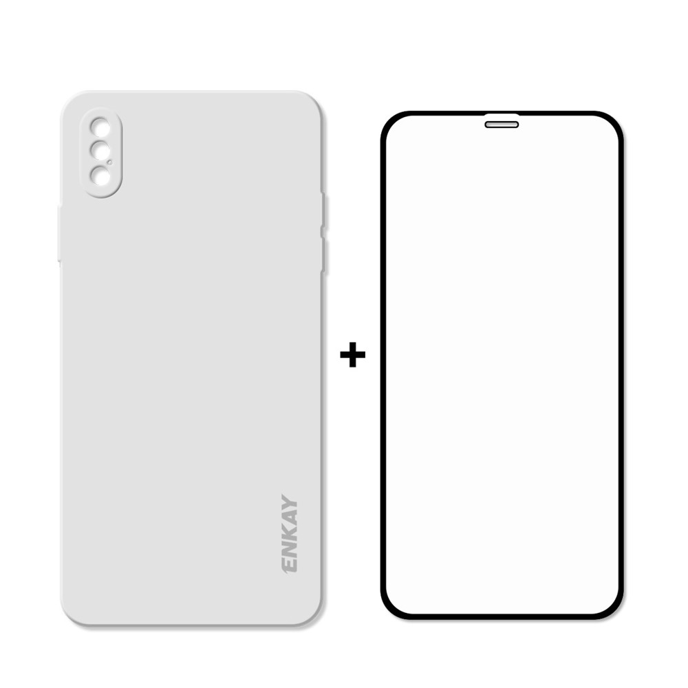 ENKAY ENK-PC0722 Soft Liquid Silicone Phone Cover Case + 0.26mm 9H 2.5D Tempered Glass Full Glue Full Screen Protector for iPhone XS Max - White