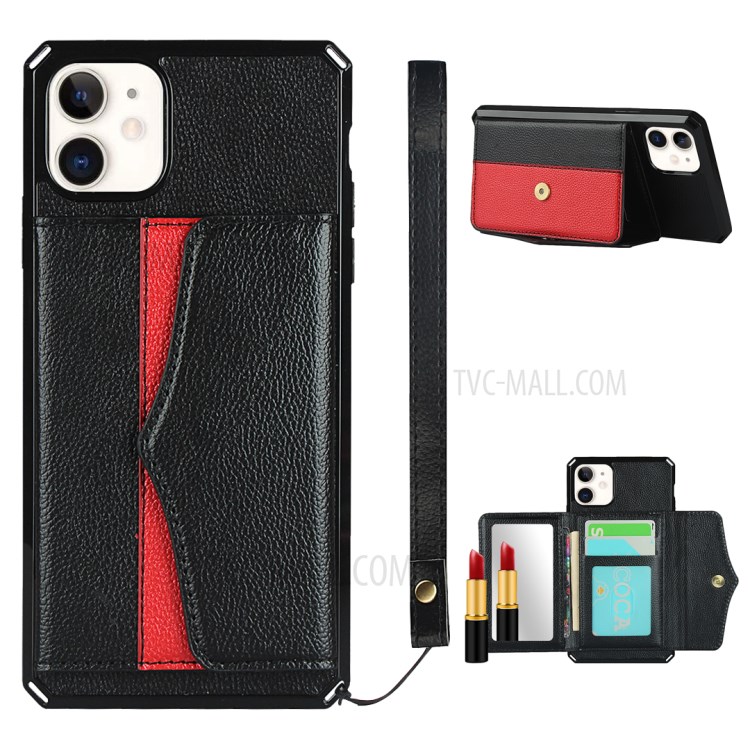 Litchi Texture Case with Mirror Wallet Phone Case Back Shell for iPhone 11 - Black-1