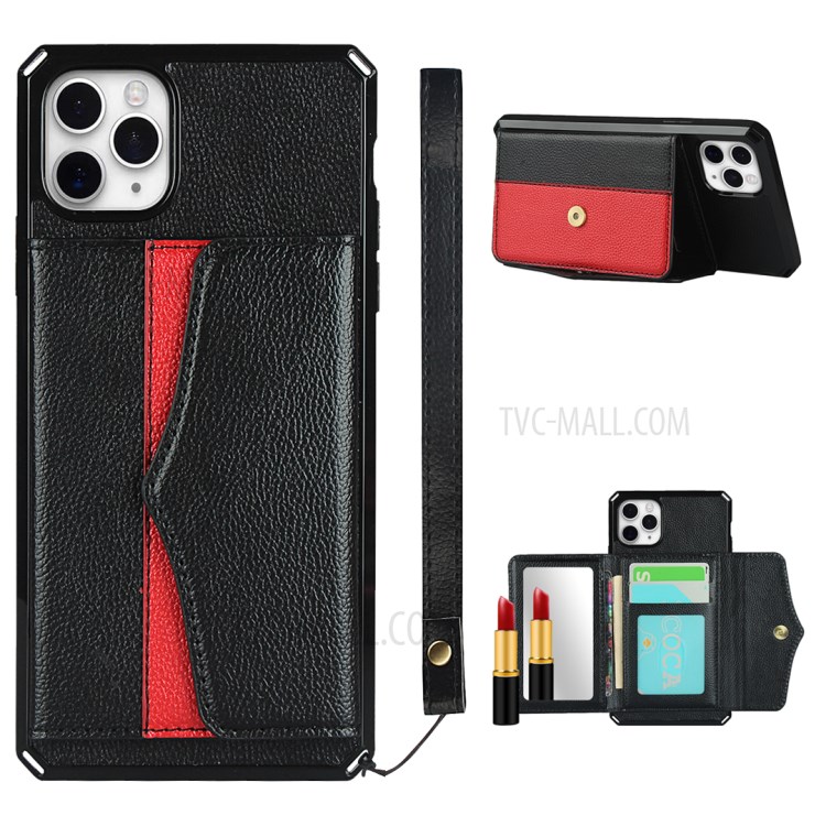 Litchi Texture Makeup Mirror Wallet Phone Case Back Shell for iPhone 11 Pro Max - Black-1