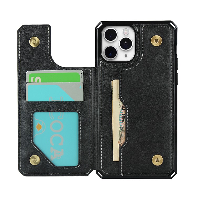 Para IPhone 11 Pro Max Botão Flip PU Couro Revestido TPU Carteira Telefone - Preto-3
