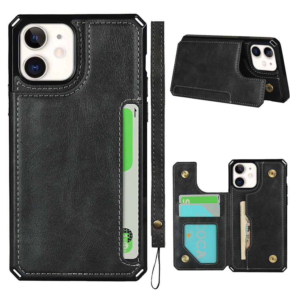 For iPhone 11 6.1-inch Button Flip PU Leather Coated TPU Wallet Phone Shell - Black-1