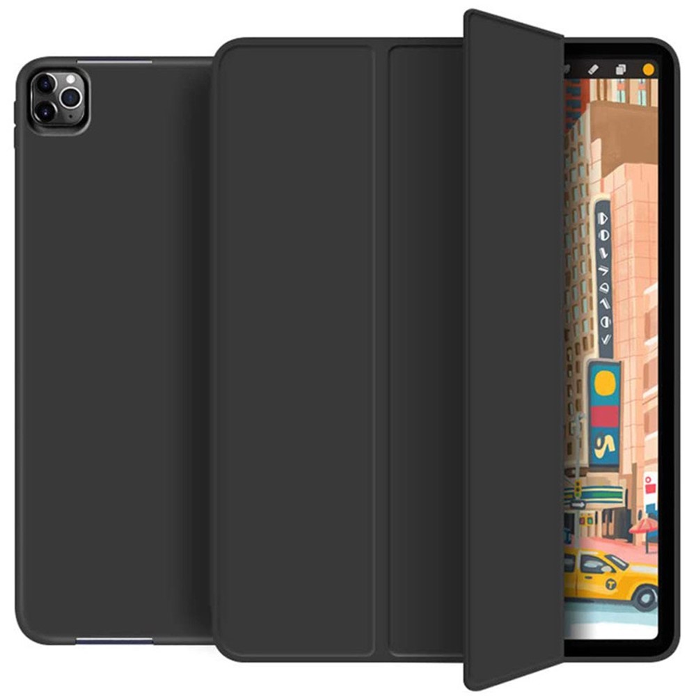 Tri-Fold Skin-Touch Leather Smart Tablet Case with Pen Slot for iPad Pro 11-inch (2022) (2021) (2020) - Black