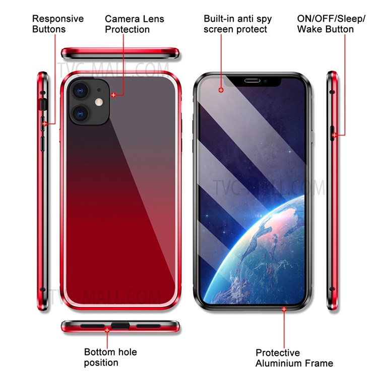 Anti-spy Design Gradient Color Tempered Glass + Aluminium Alloy Frame Full Protection Shell for iPhone 12 Pro Max - Black/Red-5