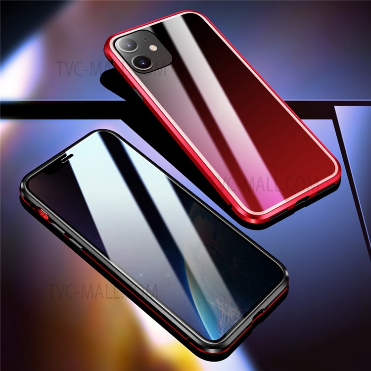 Anti-spy Design Gradient Color Tempered Glass + Aluminium Alloy Frame Full Protection Shell for iPhone 12 Pro Max - Black/Red-7