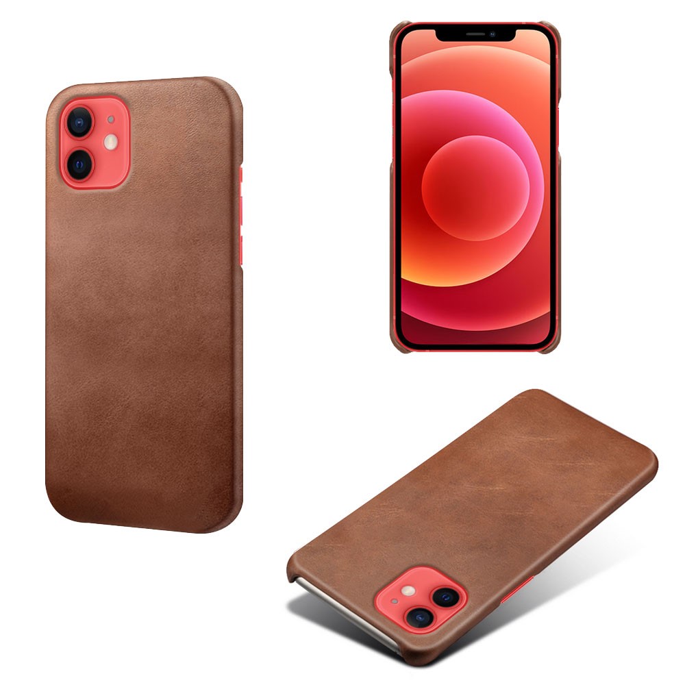 Precise Hole Opening PU Leather Coated PC Phone Back Case for iPhone 12 mini - Brown