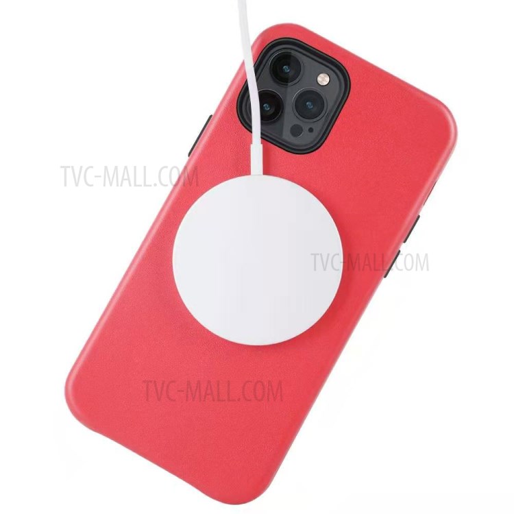 Magsafe Leather Coated PC Phone Magnetic Absorption Function Back Cover Shell for iPhone 12/12 Pro - Red-2