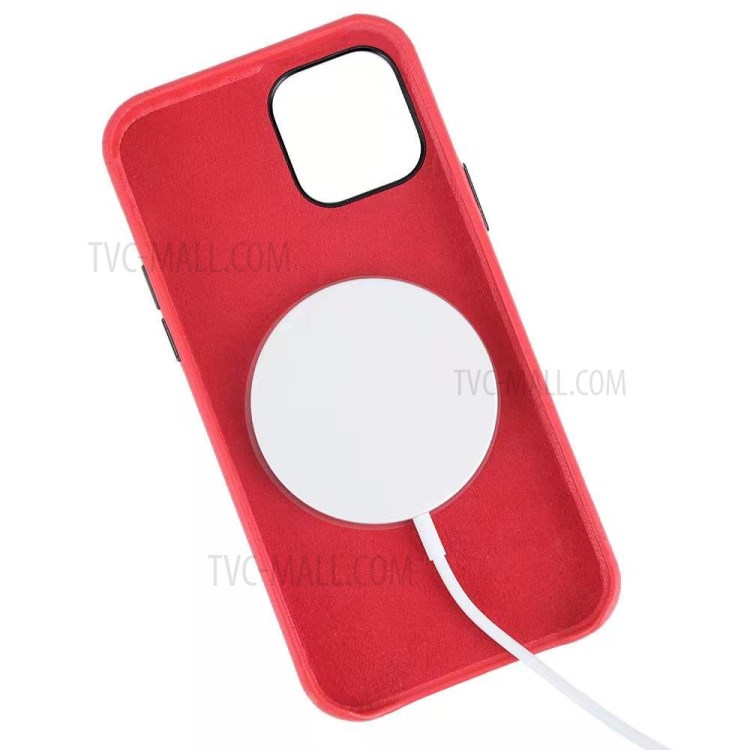 Magsafe Leather Coated PC Phone Magnetic Absorption Function Back Cover Shell for iPhone 12/12 Pro - Red-3