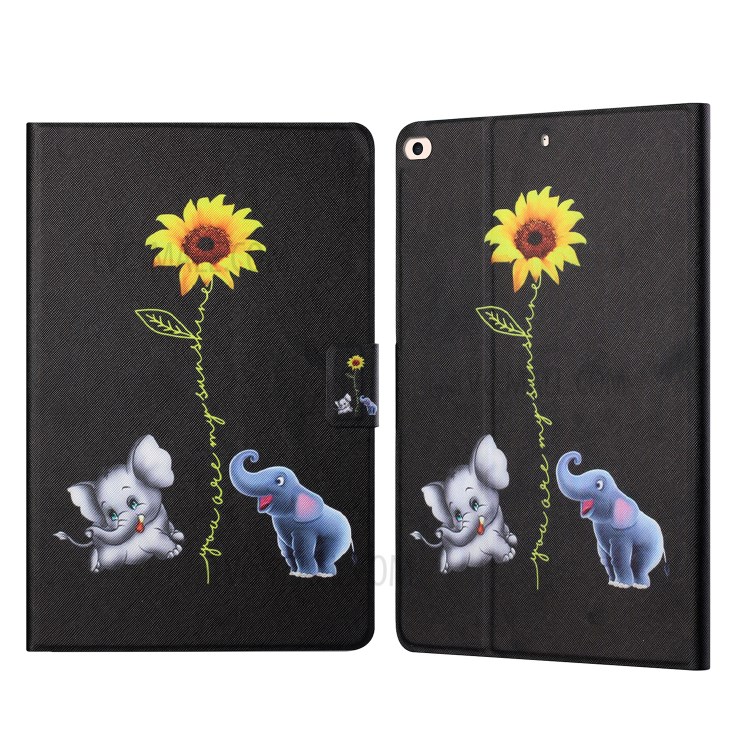 Distinctive Patterned Protector for iPad Air (2013)/iPad Air 2/iPad 9.7-inch (2017)/(2018) Card Slots Stand Leather Cover - Elephants and Sunflower-1
