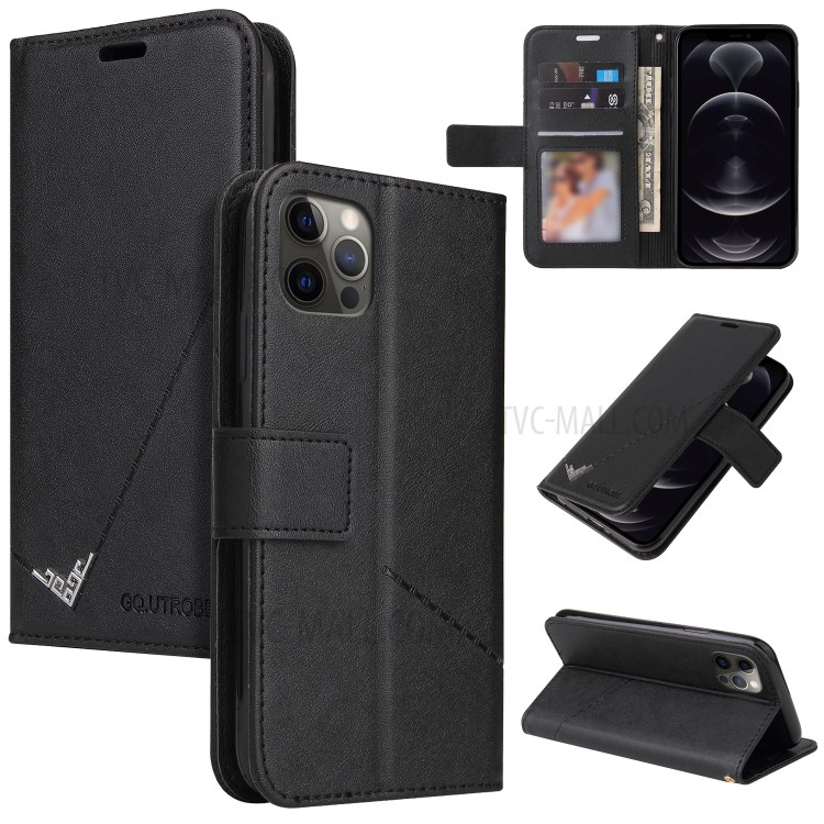 GQ.UTROBE Rectangular Metal Decor Stand Leather Cover for iPhone 12 Pro / iPhone 12 - Black-1