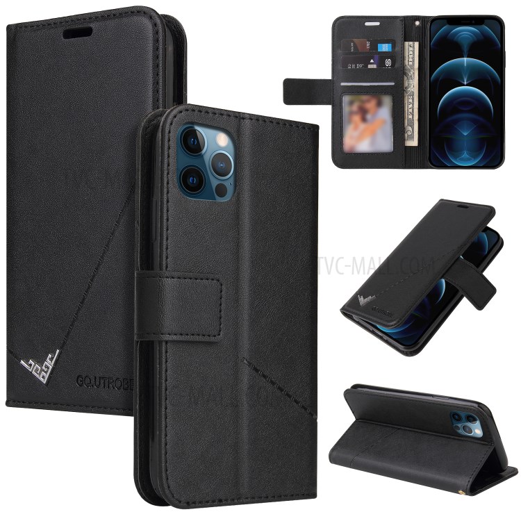 GQ.UTROBE Rectangular Metal Decor Stand Leather Case Cover for iPhone 12 Pro Max - Black-1