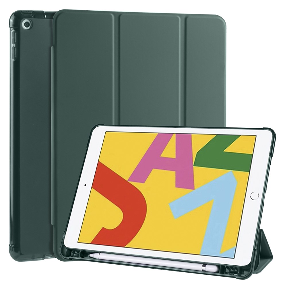 Tri-fold Leather Stand Tablet Case Cover Shell for iPad 10.2 (2020) / iPad 8th Gen / iPad (8th generation) - Dark Green