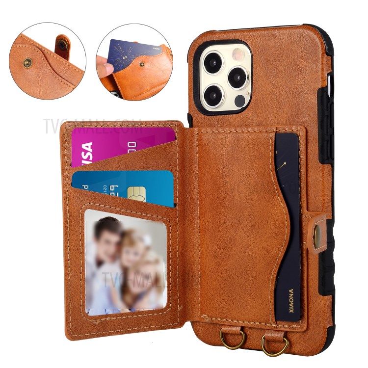 PU Leather Coated TPU Kickstand Card Slot Design Phone Case with Strap for iPhone 11 6.1-inch - Orange-2