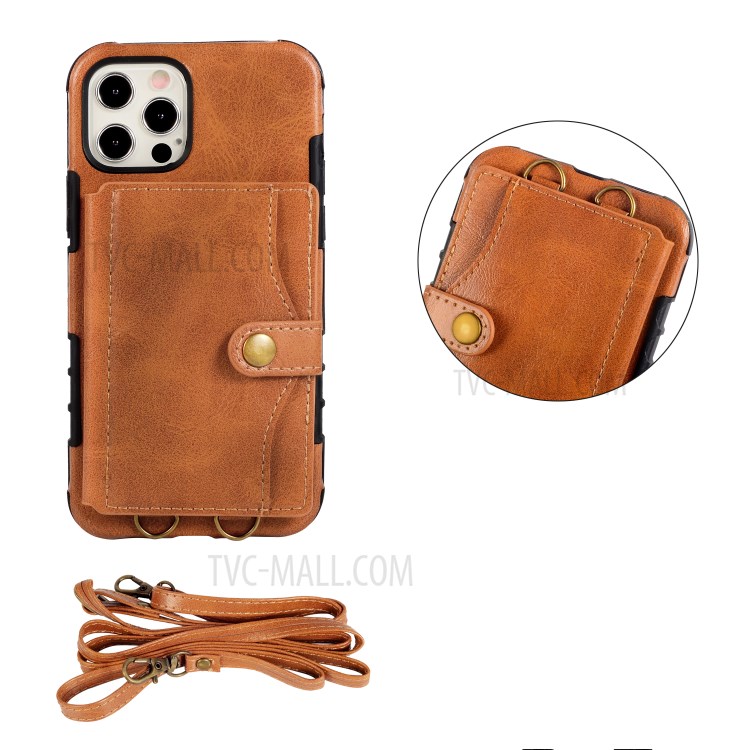 PU Leather Coated TPU Kickstand Card Slot Design Phone Case with Strap for iPhone 11 6.1-inch - Orange-4