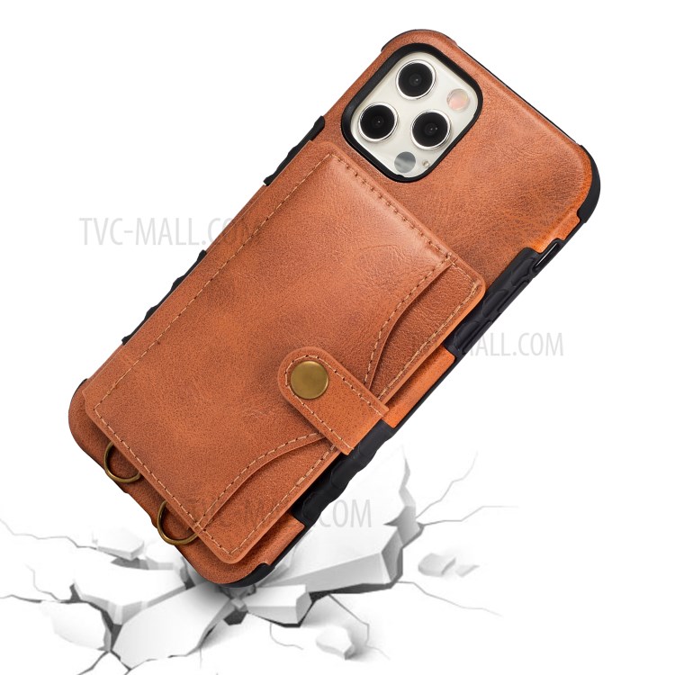 PU Leather Coated TPU Kickstand Card Slot Design Phone Case with Strap for iPhone 11 6.1-inch - Orange-5
