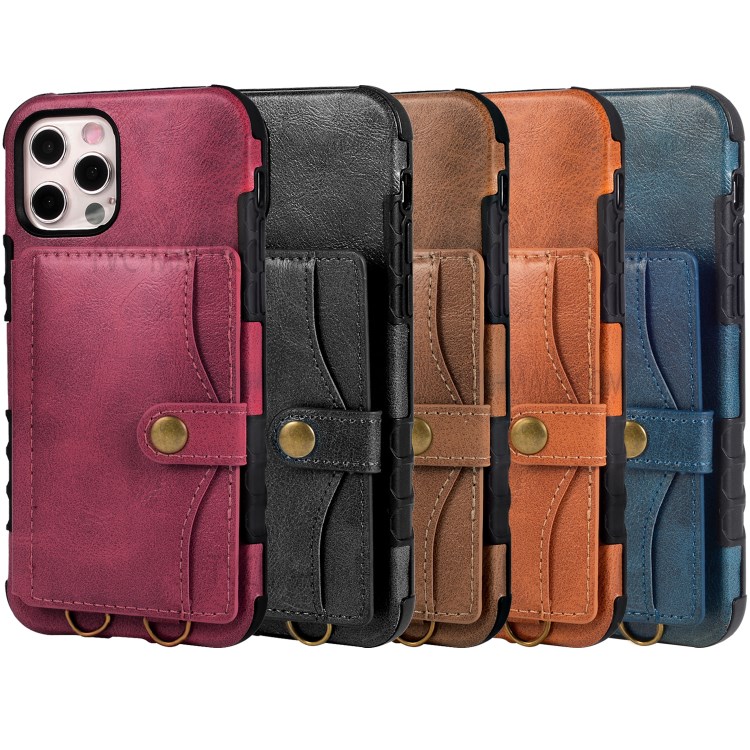 PU Leather Coated TPU Kickstand Card Slot Design Phone Case with Strap for iPhone 11 6.1-inch - Orange-6