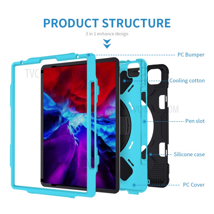 Thicken Kickstand PC Silicone Hybrid Shell Case with Adjustable Strap for iPad Pro 12.9-inch (2020)/(2018) - Baby Blue-16