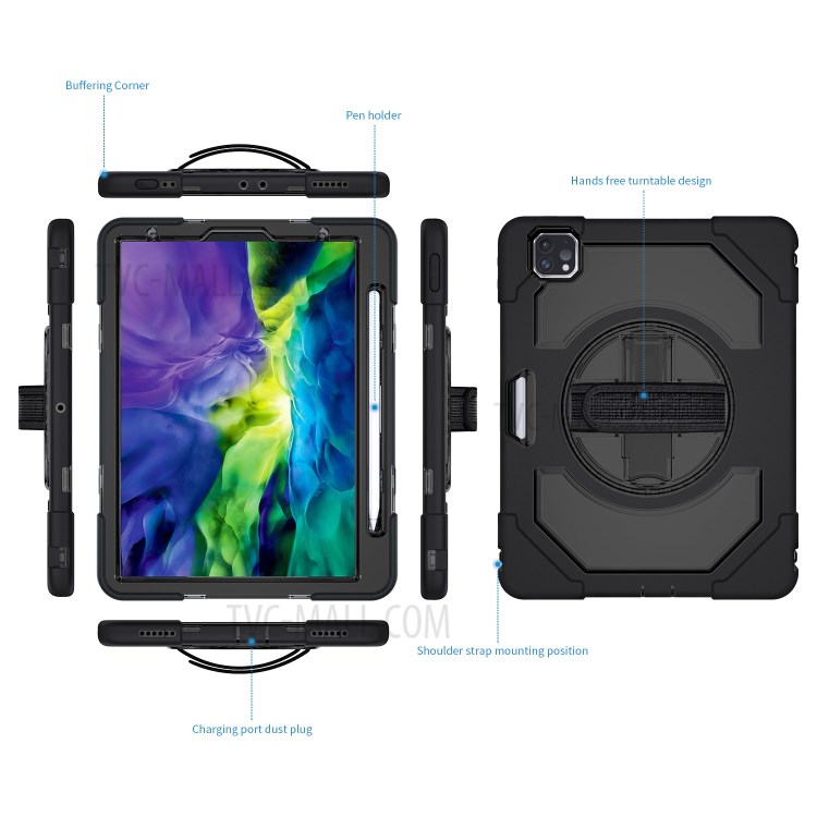 Thicken Kickstand for iPad Pro 11-inch (2020)/(2018) Clear PC Silicone Hybrid Case with Adjustable Strap-25