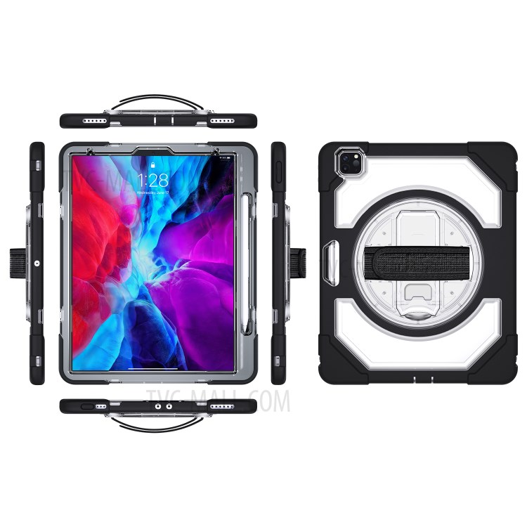 Thicken Kickstand for iPad Pro 12.9-inch (2020)/(2018) Clear PC Silicone Hybrid Case with Adjustable Strap - Black-1