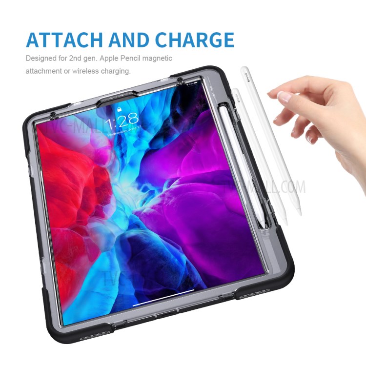 Thicken Kickstand for iPad Pro 12.9-inch (2020)/(2018) Clear PC Silicone Hybrid Case with Adjustable Strap - Black-10